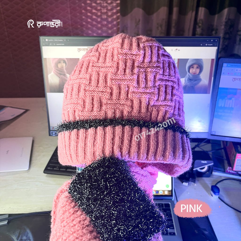 pink-color Windproof Cap with Scarf (Pink & Black) - Image 1